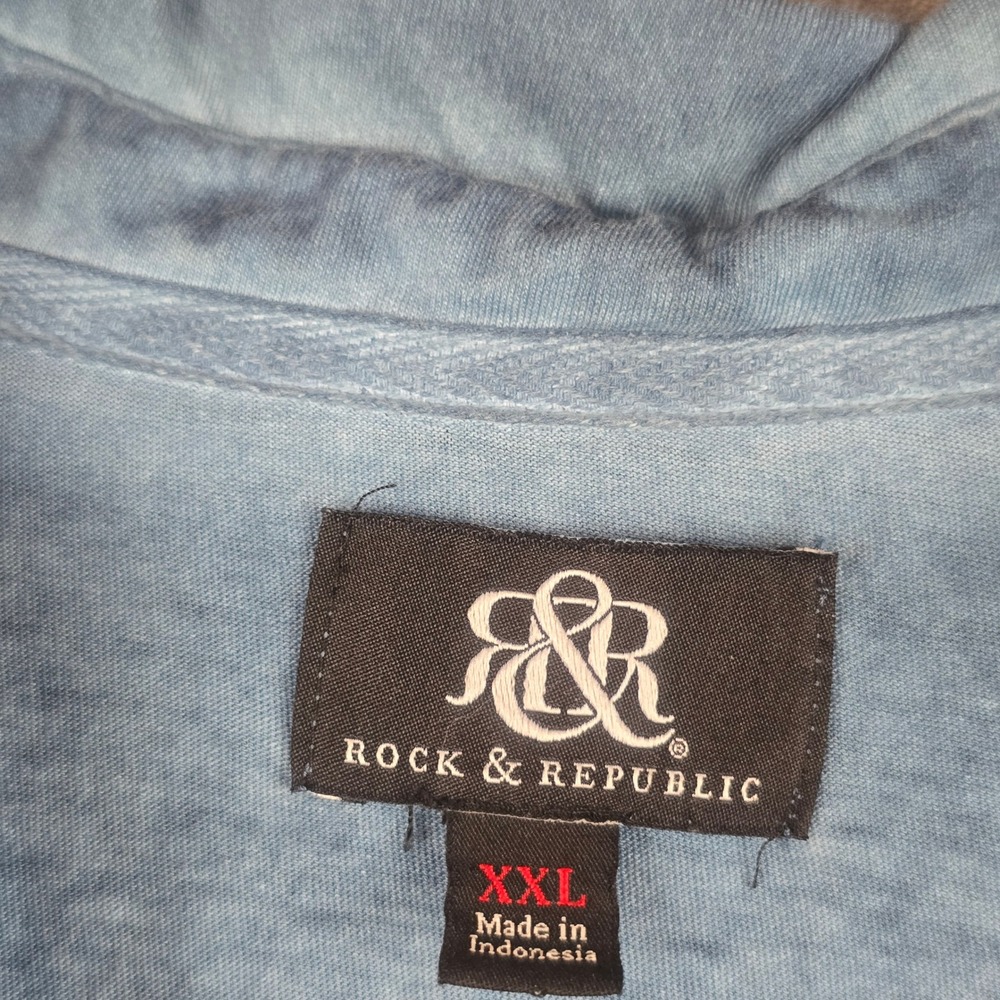 Rock & Republic Mens XXL Blue Acid Wash Cotton Short Sleeve Polo Shirt Pocket - Picture 2 of 7